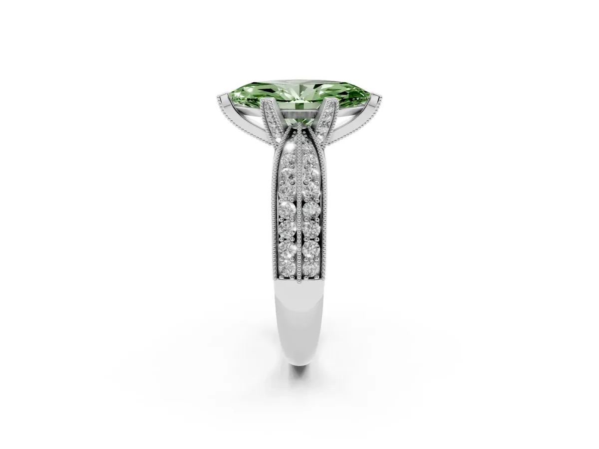 Fancy Green Marquise Cut Diamond Solitaire Ring with Milgrain Round Pavé Band and Prong Setting Platinum