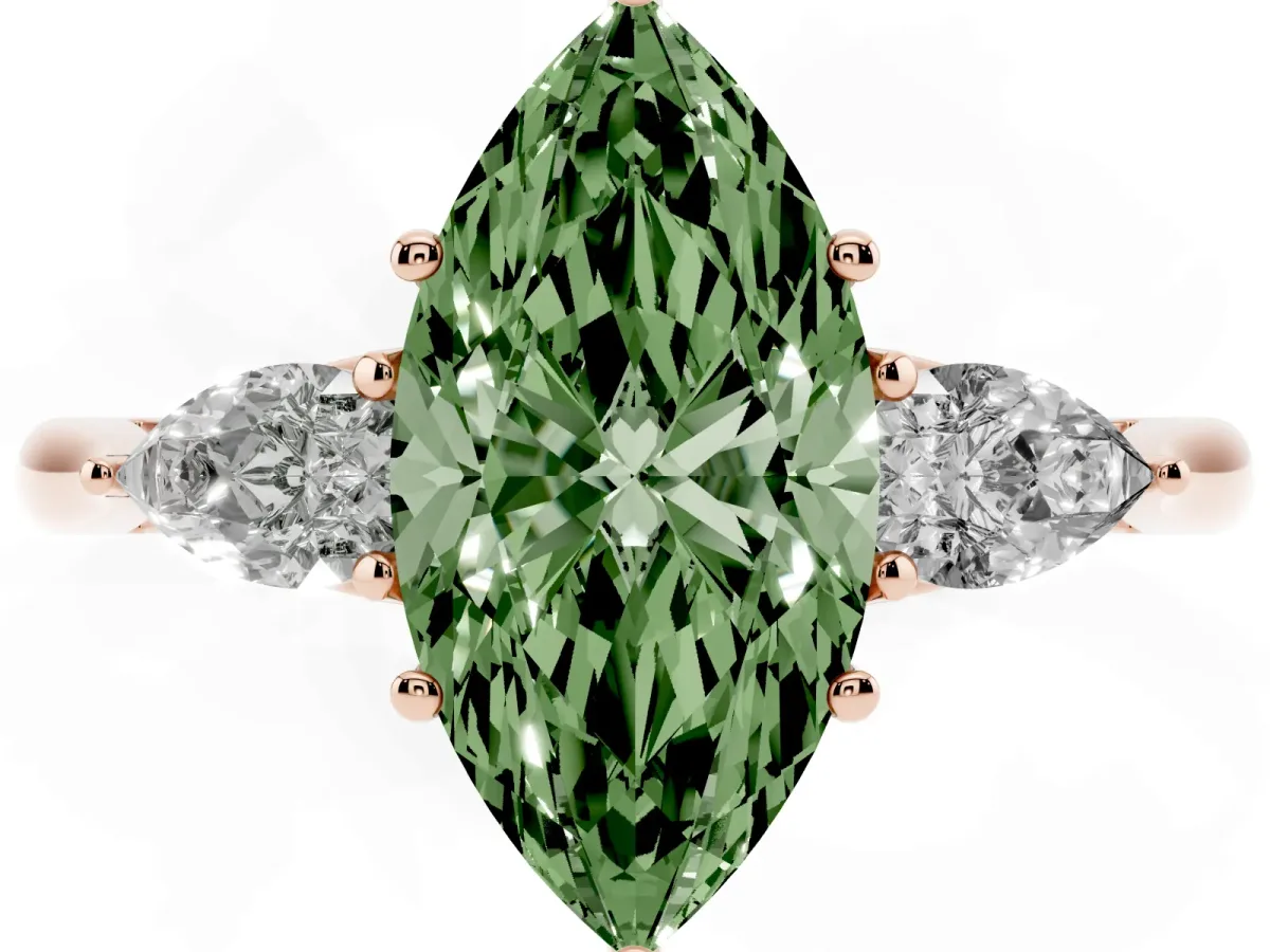 Fancy Green Three-Stone Marquise Cut Brilliant Diamond Solitaire Ring with Tapered Band and Four-Prong Setting Rose gold