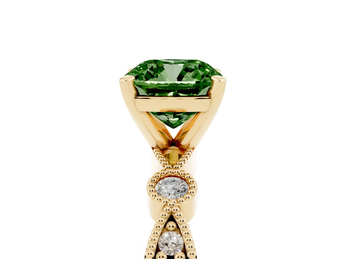 Fancy Green Cushion Cut Milgrain Bezel Diamond Engagement Ring with Solitaire Prong Setting Yellow gold