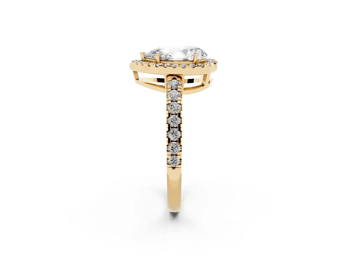 Pear Cut Diamond Halo Ring with Pavé Band and Four-Prong Setting Yellow gold
