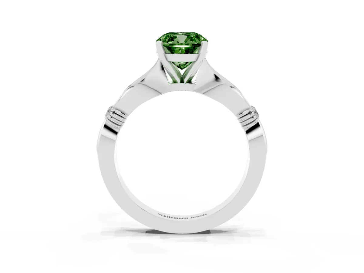 Fancy Green Cushion Cut Solitaire Diamond Twisted Band with Four-Prong Setting Platinum