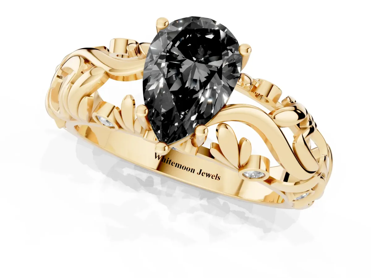 Fancy Black Pear Cut Solitaire Diamond Leaf-Inspired Vine Band Ring with Prong Setting Yellow gold
