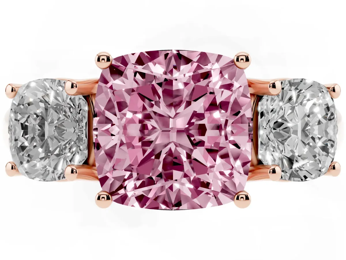 Fancy Pink Three-Stone Cushion Cut Diamond Engagement Ring with Prong Setting Rose gold