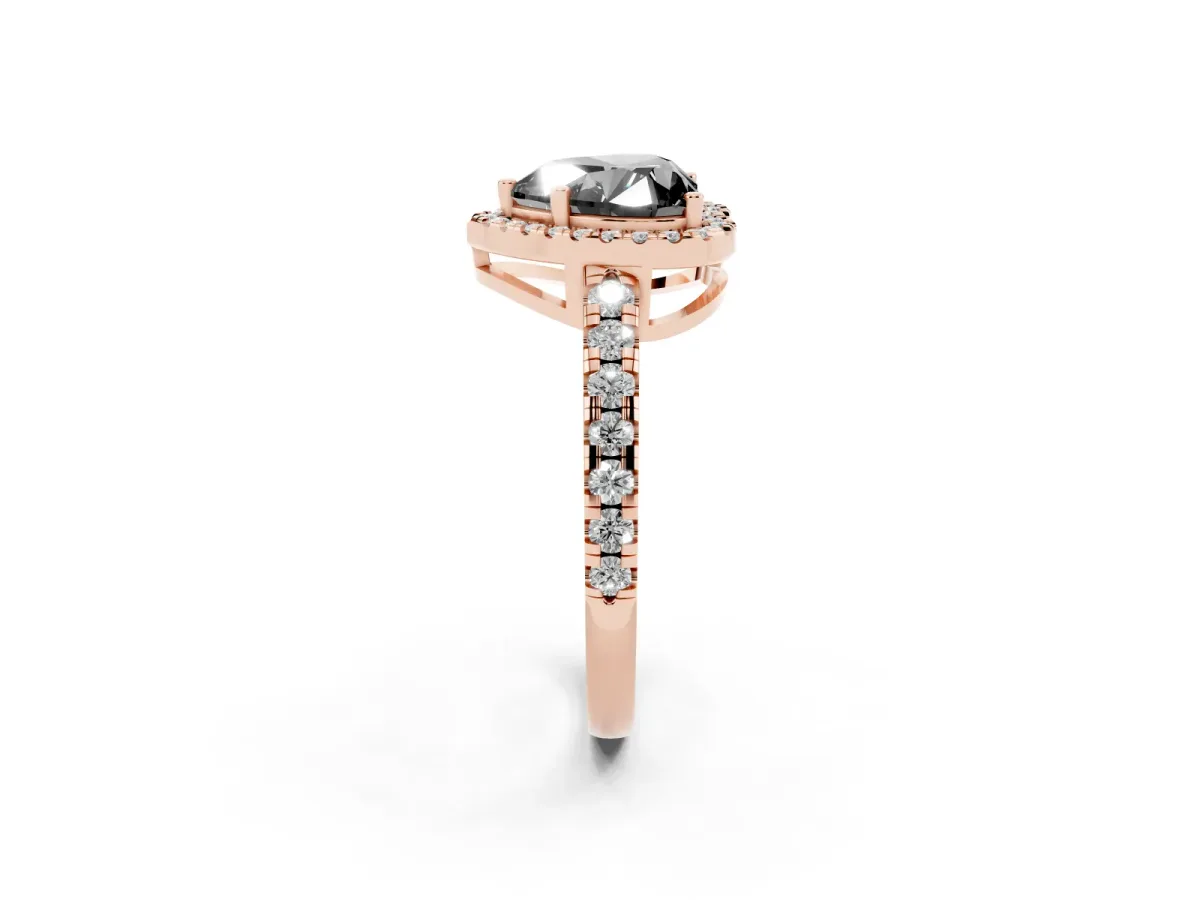 Fancy Black Heart Cut Diamond Halo Ring with Pavé Band and Four-Prong Setting Rose gold