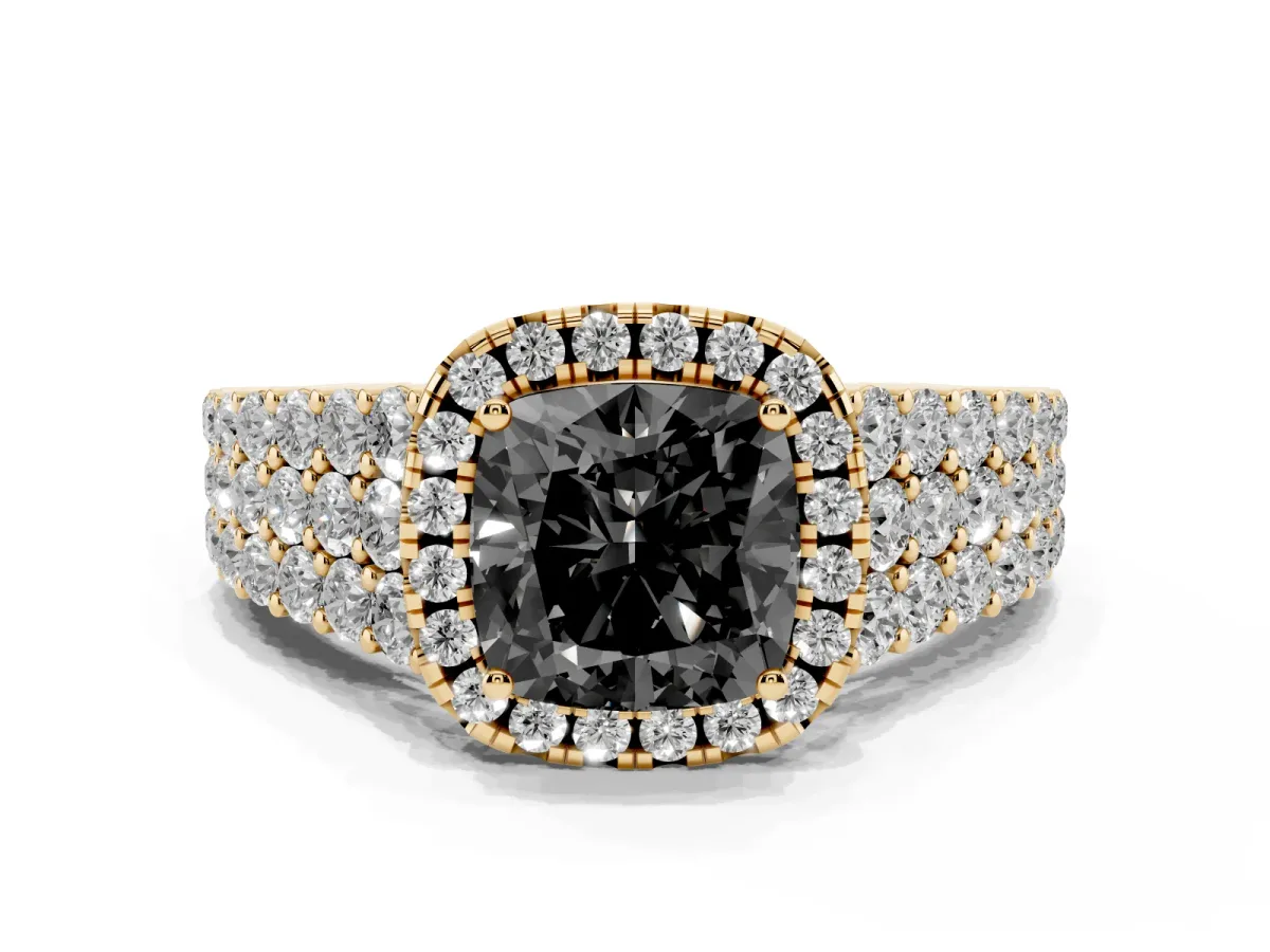 Fancy Black Cushion Cut Diamond Halo Engagement Ring with Triple Row Round Pavé Band and Prong Setting Yellow gold
