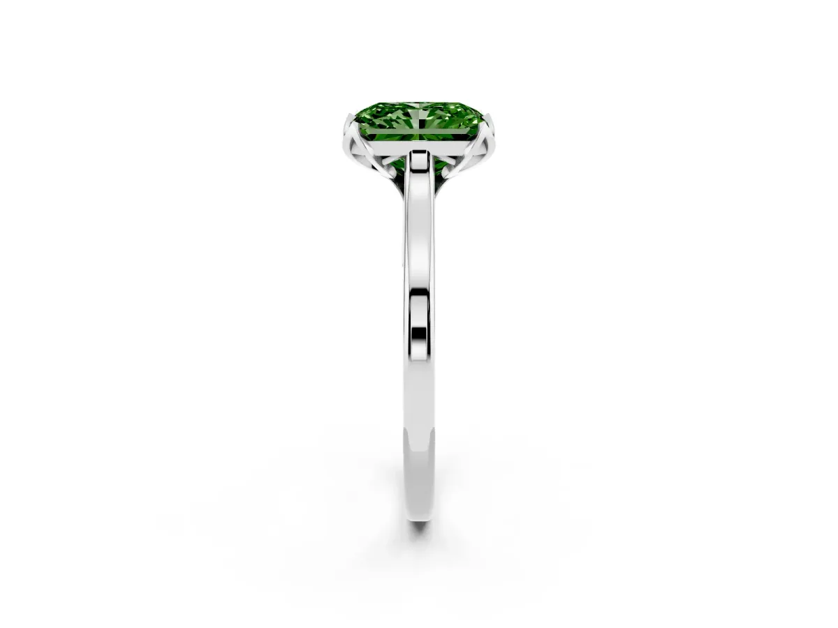 Fancy Green Radiant Cut Diamond Solitaire Ring with Flower Prong Setting and Classic Band Silver