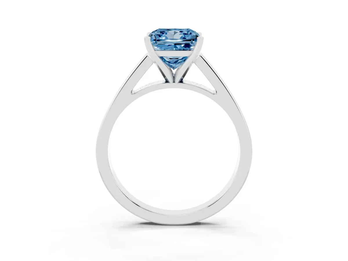 Fancy Blue Princess Cut Solitaire Engagement Ring with Four-Prong Setting and Tapered Band Platinum