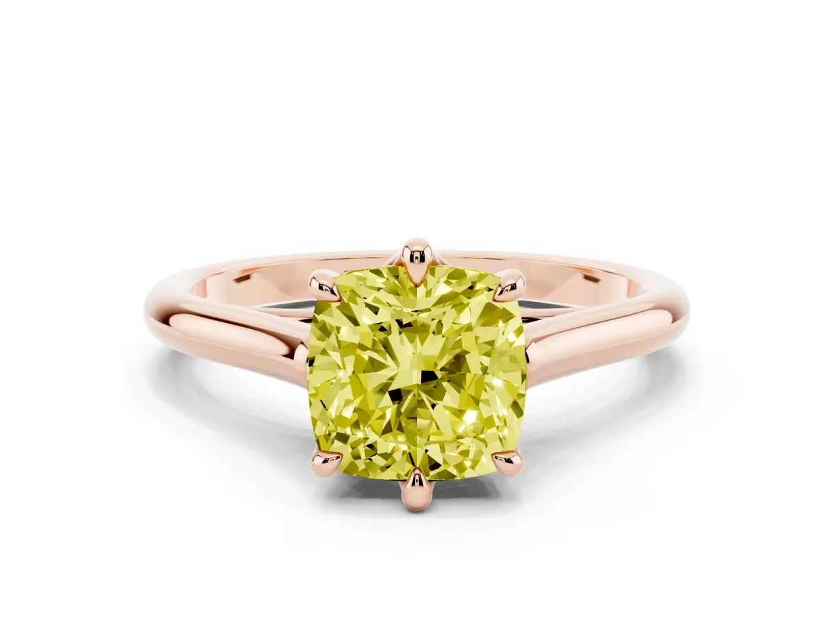 Fancy Yellow Cushion Cut Solitaire Engagement Ring with Six-Prong Setting and Classic Band Rose gold