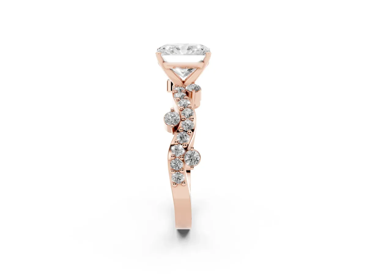 Radiant Cut Cut Solitaire Diamond Twisted Band with Pave Setting Rose gold