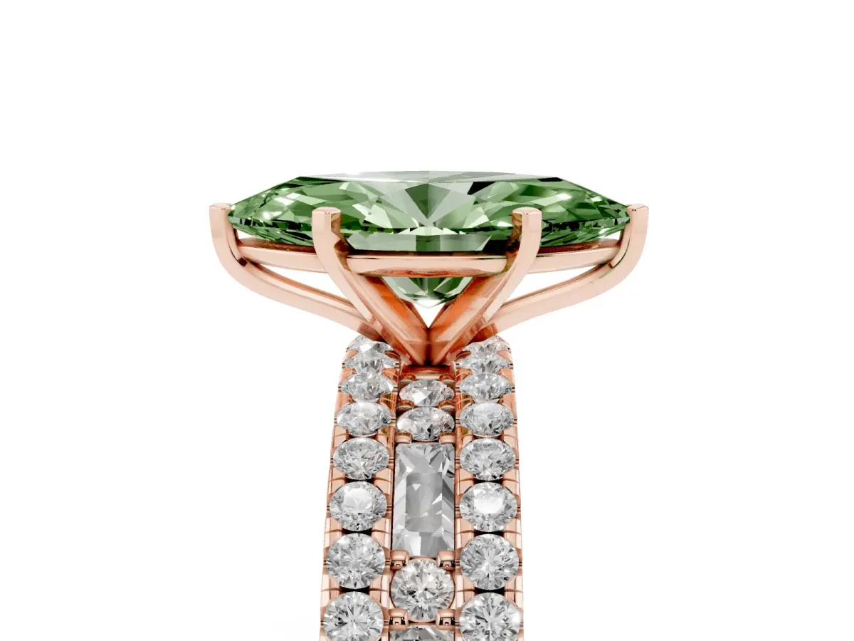 Fancy Green Marquise Cut Diamond Solitaire Ring with Pavé and Channel Set Band Rose gold