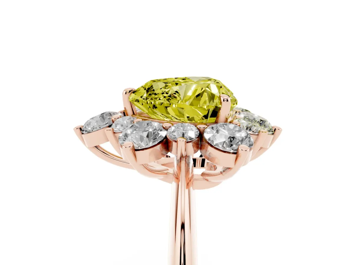Fancy Yellow Heart Cut Diamond Cluster Halo Ring with Solitaire Band and Four-Prong Setting Rose gold