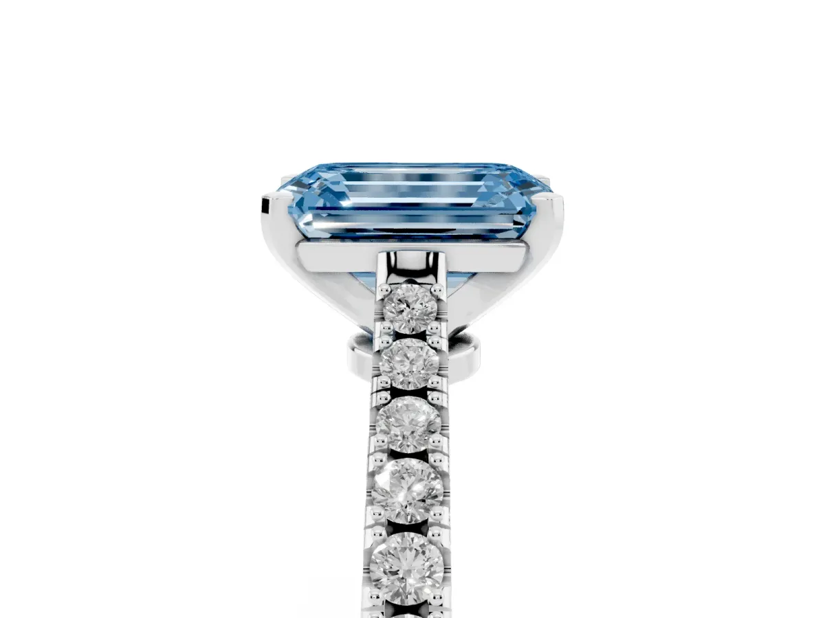 Fancy Blue Emerald Cut Cut Solitaire Diamond Engagement Ring with Pave Band and Four-Prong Setting Silver