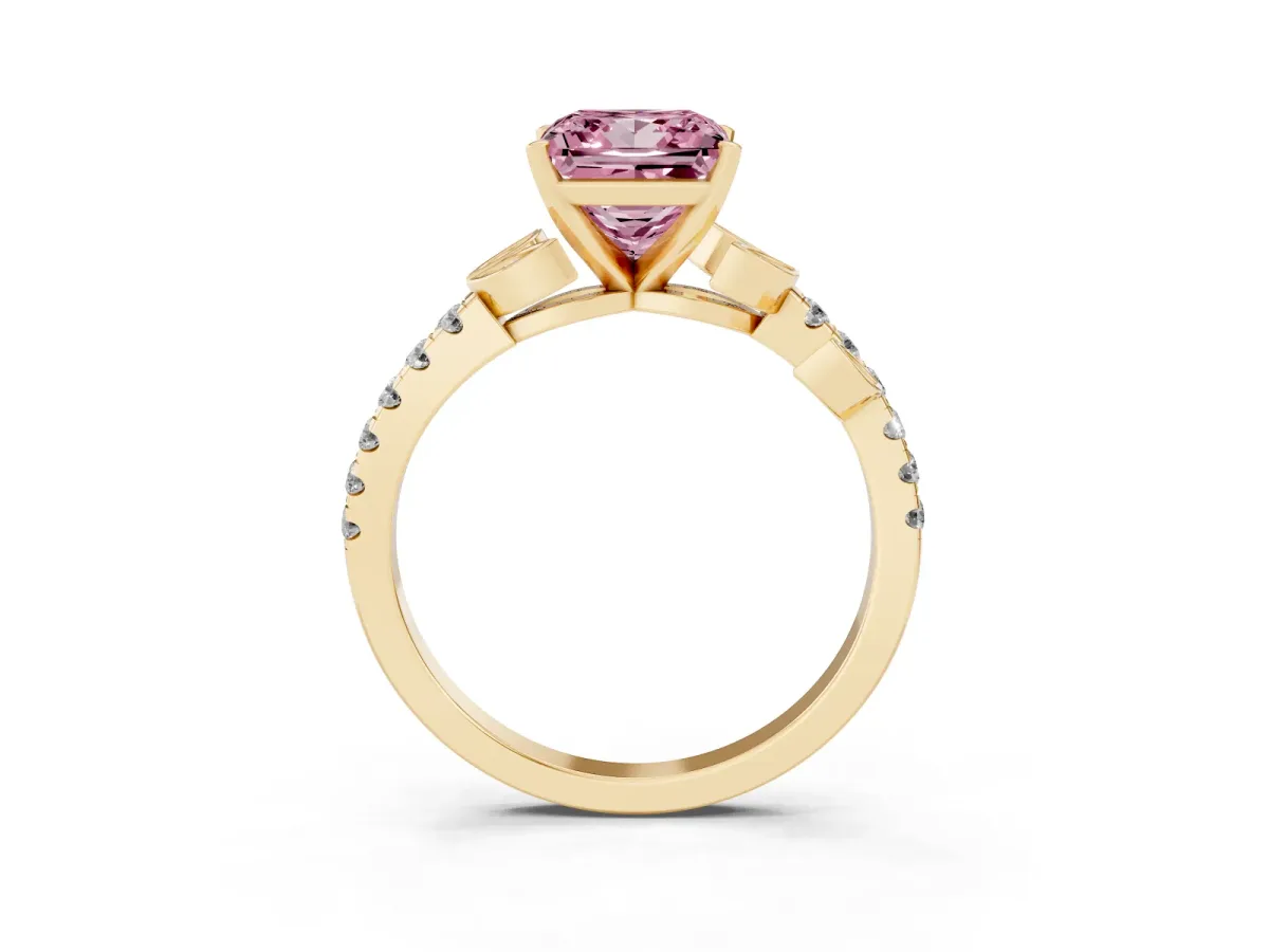 Fancy Pink Princess Cut Solitaire Leaf-Inspired Diamond Ring with Pavé Band and Four-Prong Setting Yellow gold