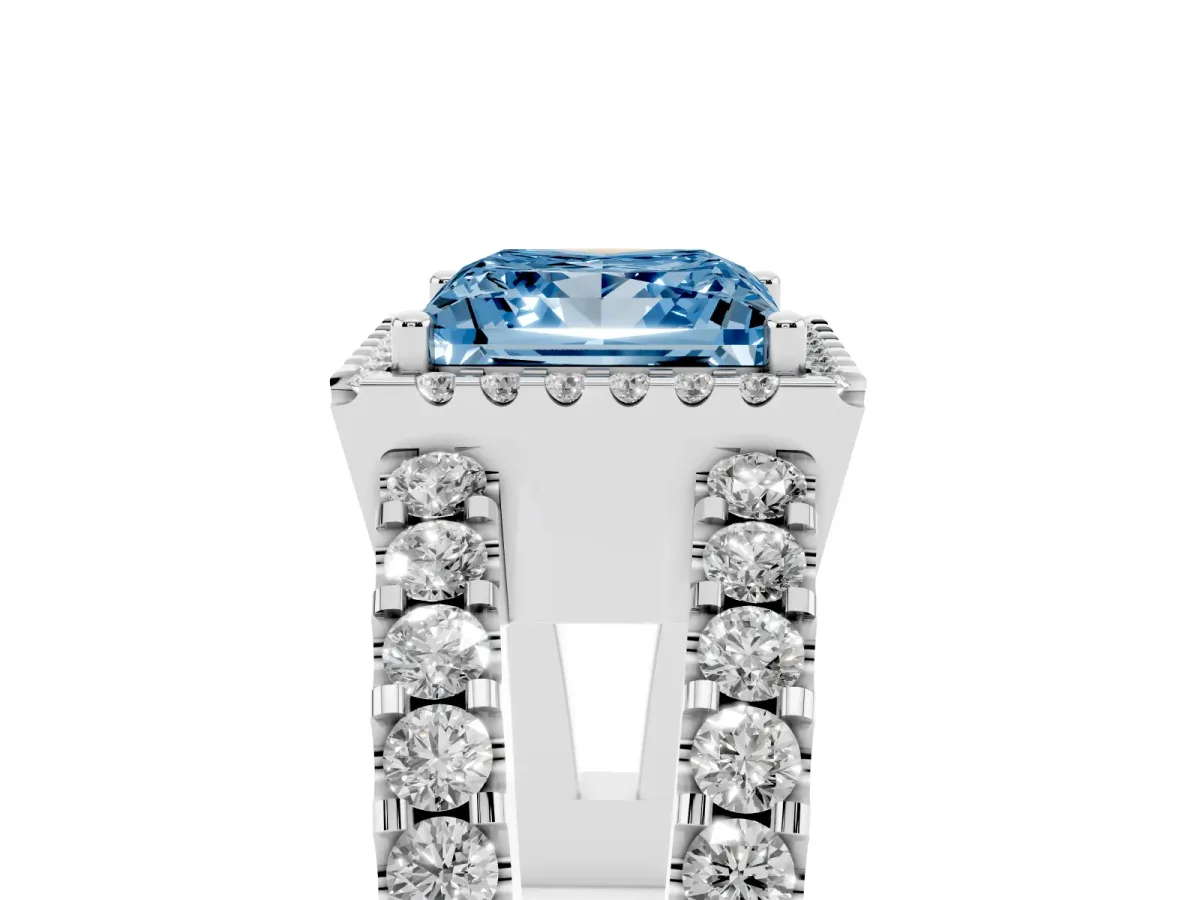 Fancy Blue Princess Cut Cut Halo Split Shank Diamond Ring with Four-Prong Setting Silver