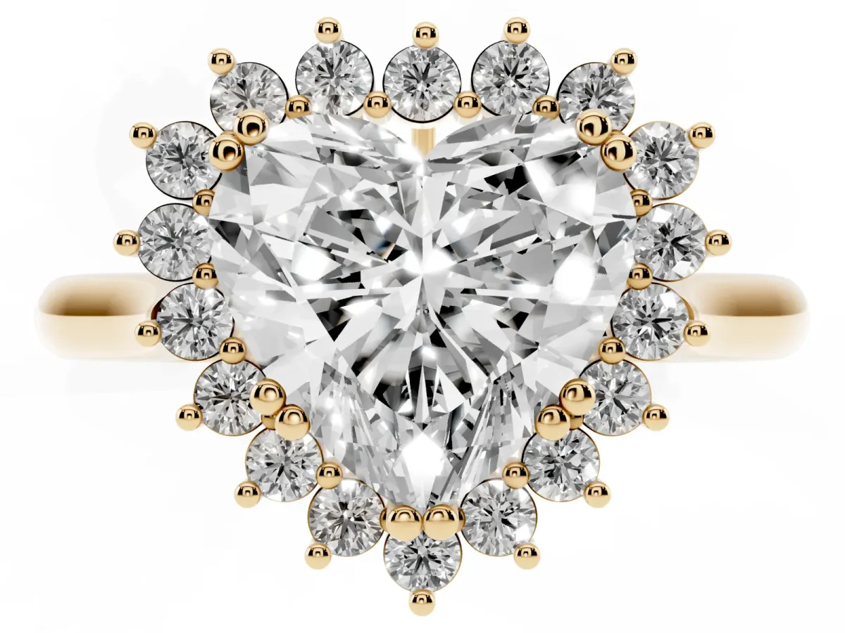 Heart Cut Cut Diamond Halo Ring with Solitaire Band and Prong Setting Yellow gold
