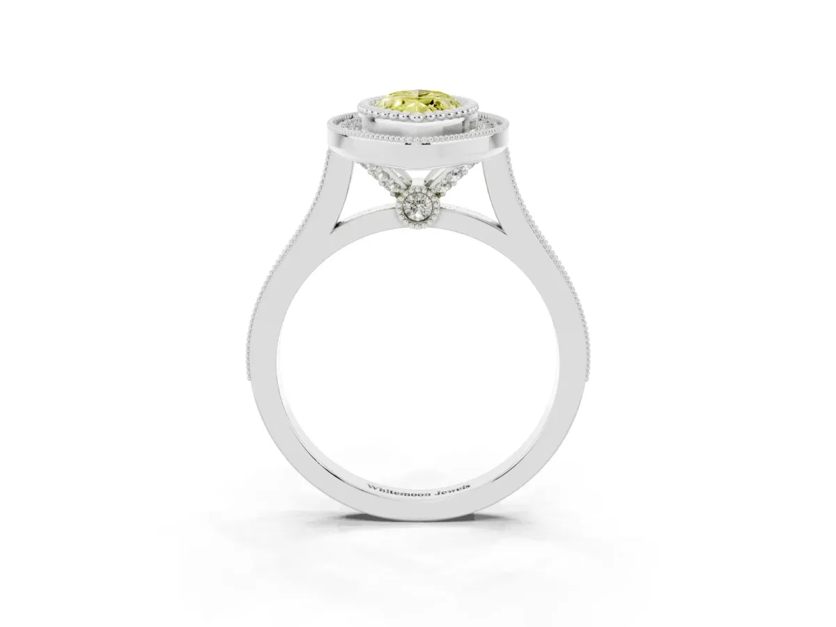 Fancy Yellow Marquise Cut Diamond Halo Ring with Milgrain Frame and Pavé Band Silver