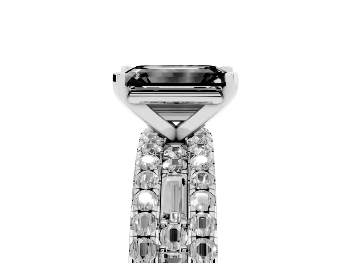 Fancy Black Emerald Cut Diamond Solitaire Ring with Pavé and Channel Set Band Silver