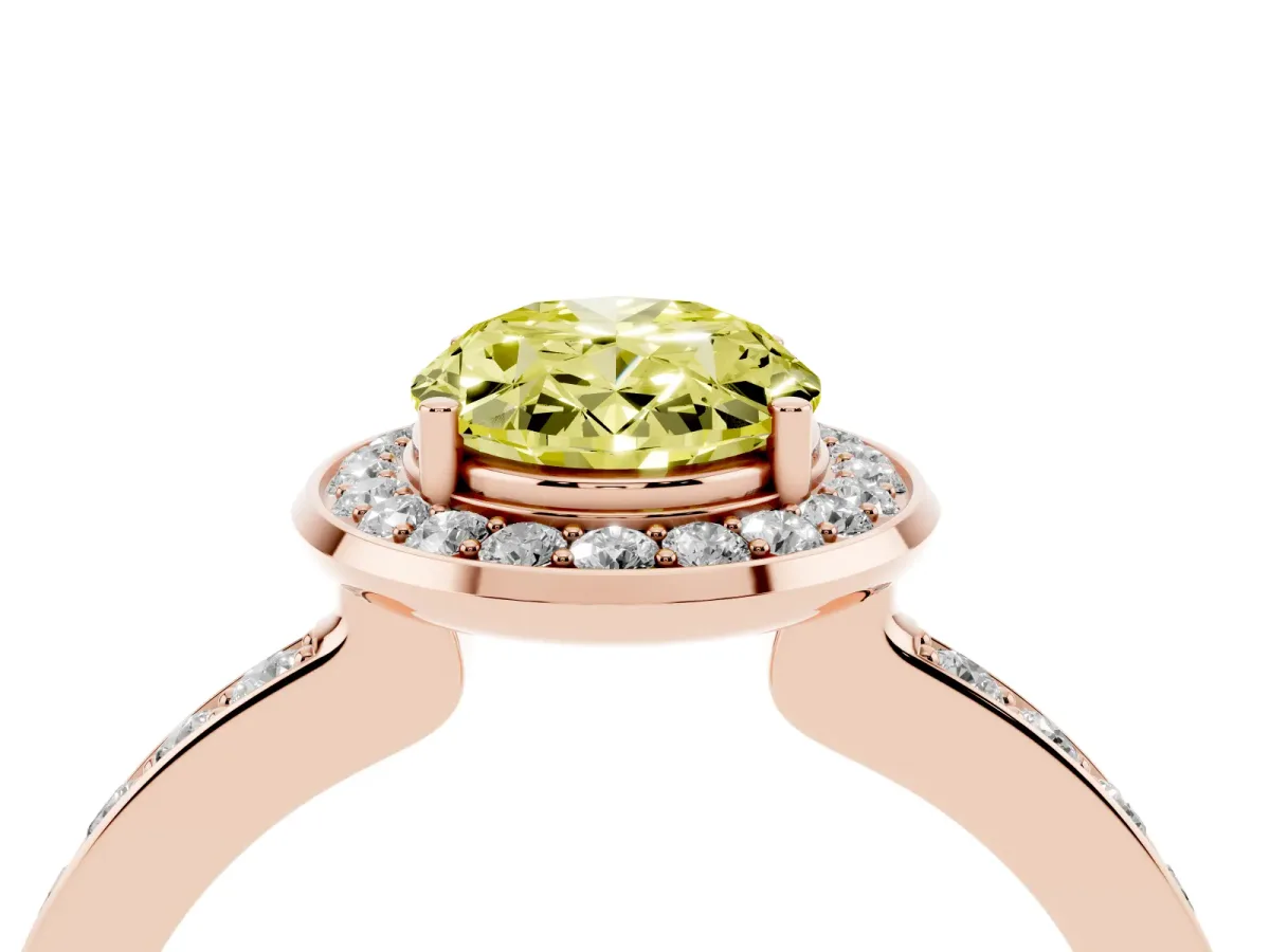 Fancy Yellow Oval Cut Diamond Halo Ring with Bezel Frame and Pavé Band Rose gold