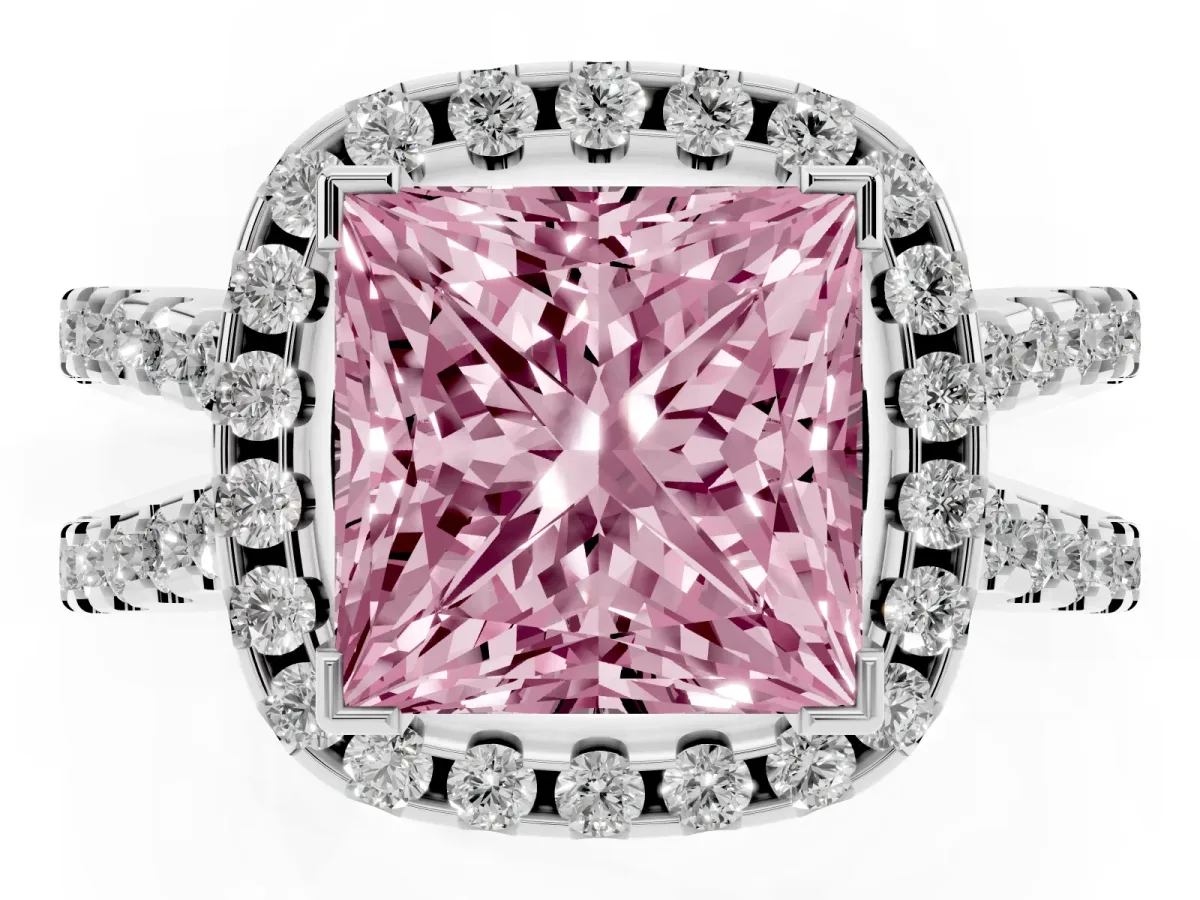Fancy Pink Princess Cut Diamond Halo Ring with Split Shank Pavé Band and Prong Setting Silver