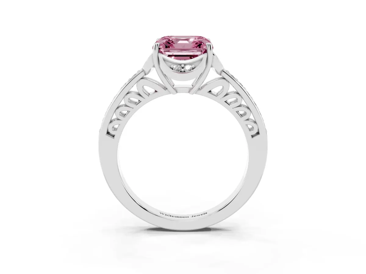Fancy Pink Asscher Cut Cut Halo Diamond Ring with Channel Set Band and Four-Prong Setting White gold