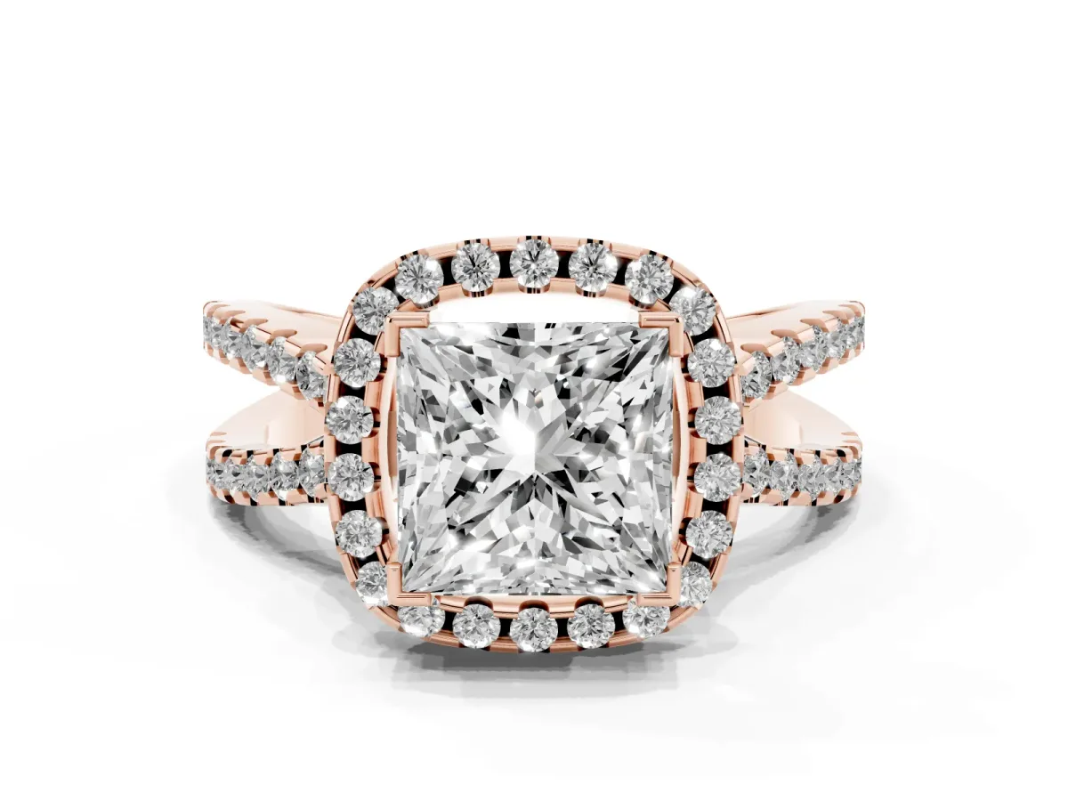 Princess Cut Diamond Halo Ring with Split Shank Pavé Band and Prong Setting Rose gold