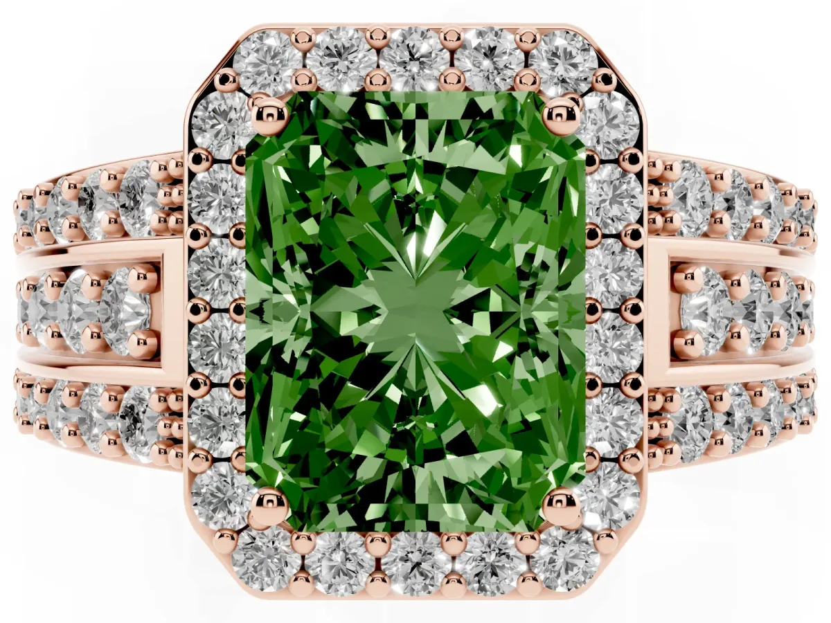 Fancy Green Radiant Cut Halo Diamond Ring with Round Split Shank and Prong Setting Rose gold