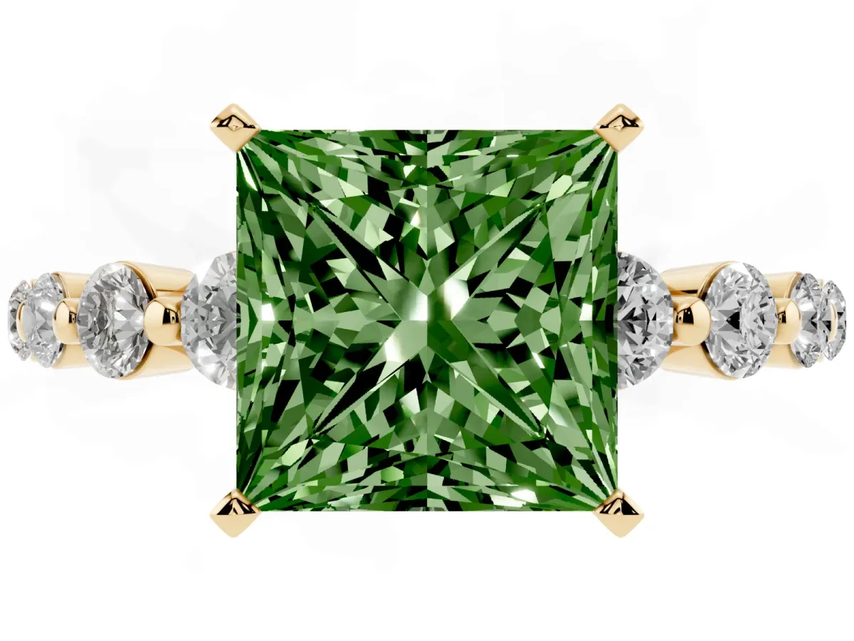 Fancy Green Princess Cut Solitaire Diamond Ring with Pave Band and Four-Prong Setting Yellow gold