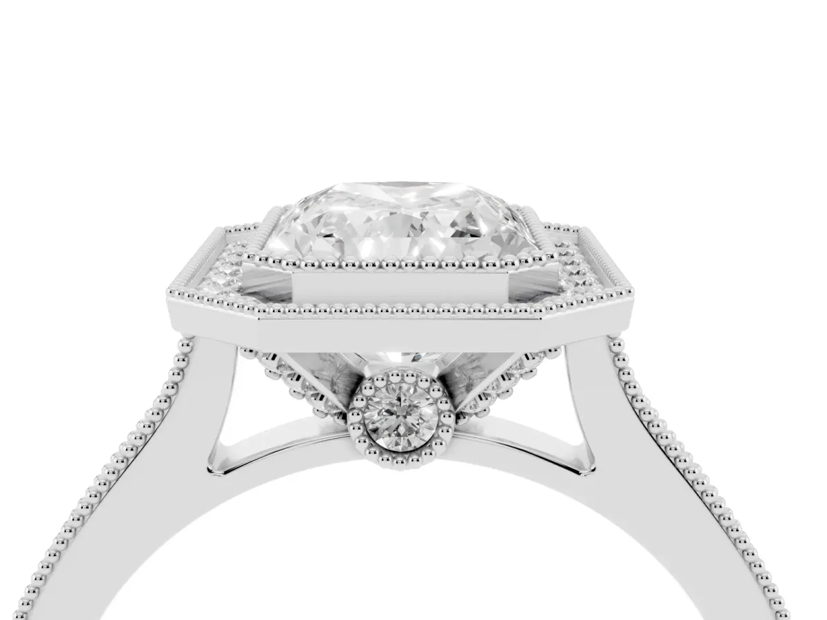 Halo Radiant Cut-Cut Diamond Pave Band Milgrain Prong Setting Ring Silver