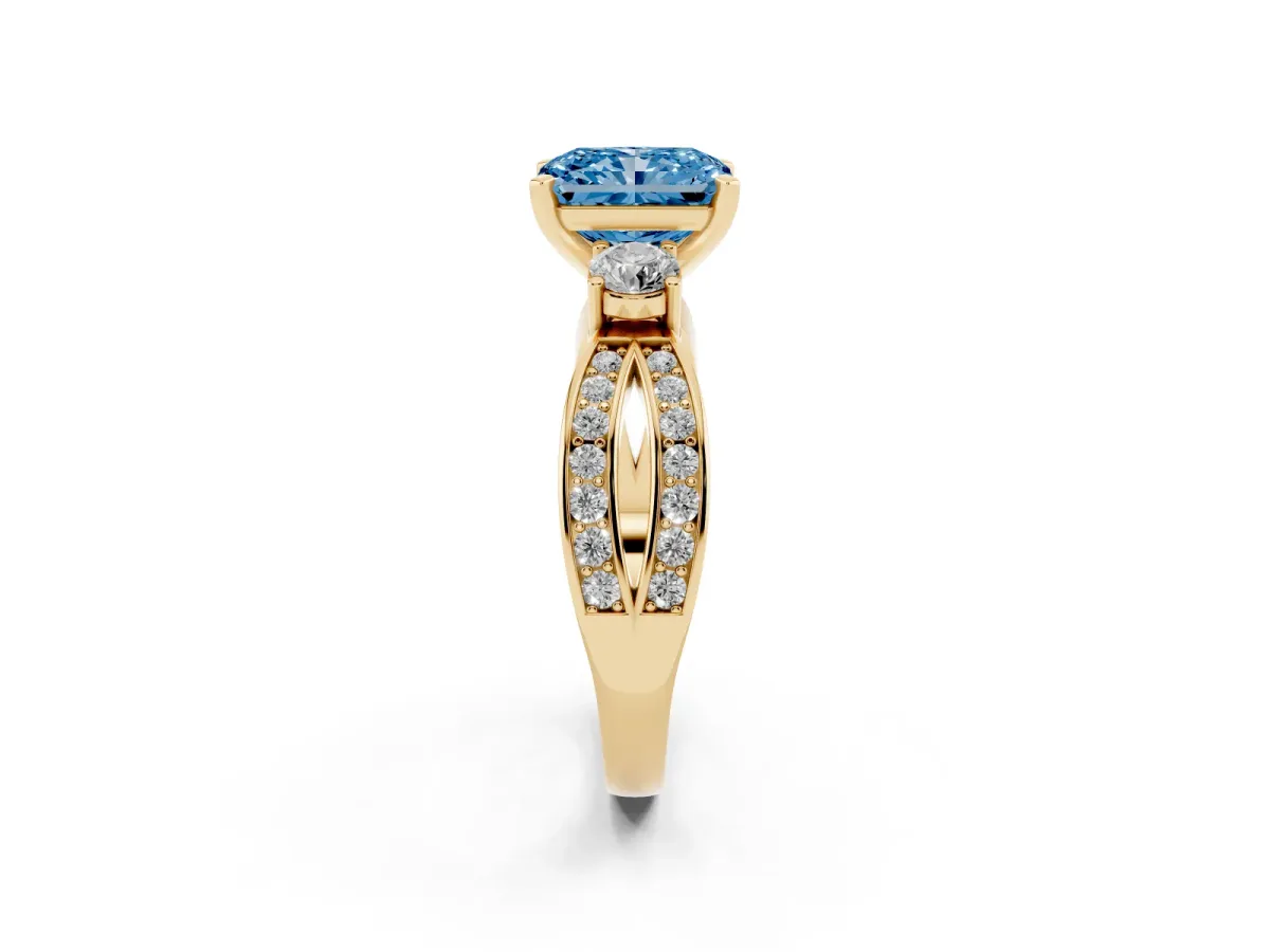 Fancy Blue Three-Stone Radiant Cut Cut Diamond Twist Band with Prong Setting Yellow gold