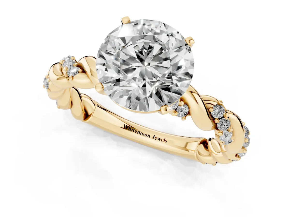 Round Cut Diamond Solitaire Ring with Twisted Band and Pavé Accents Yellow gold