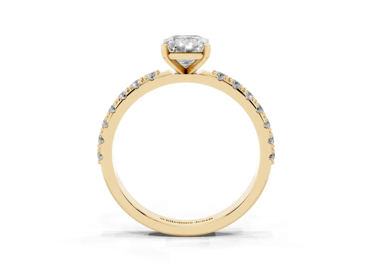 Emerald Cut Diamond Solitaire Pavé Band with Four-Prong Setting Yellow gold