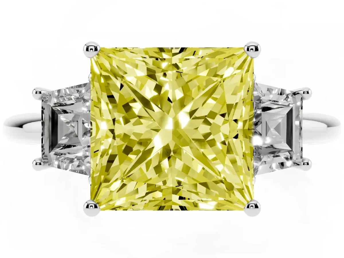 Fancy Yellow Princess Cut Diamond Three-Stone Ring with Trapezoid Side Stones and Prong Setting Silver