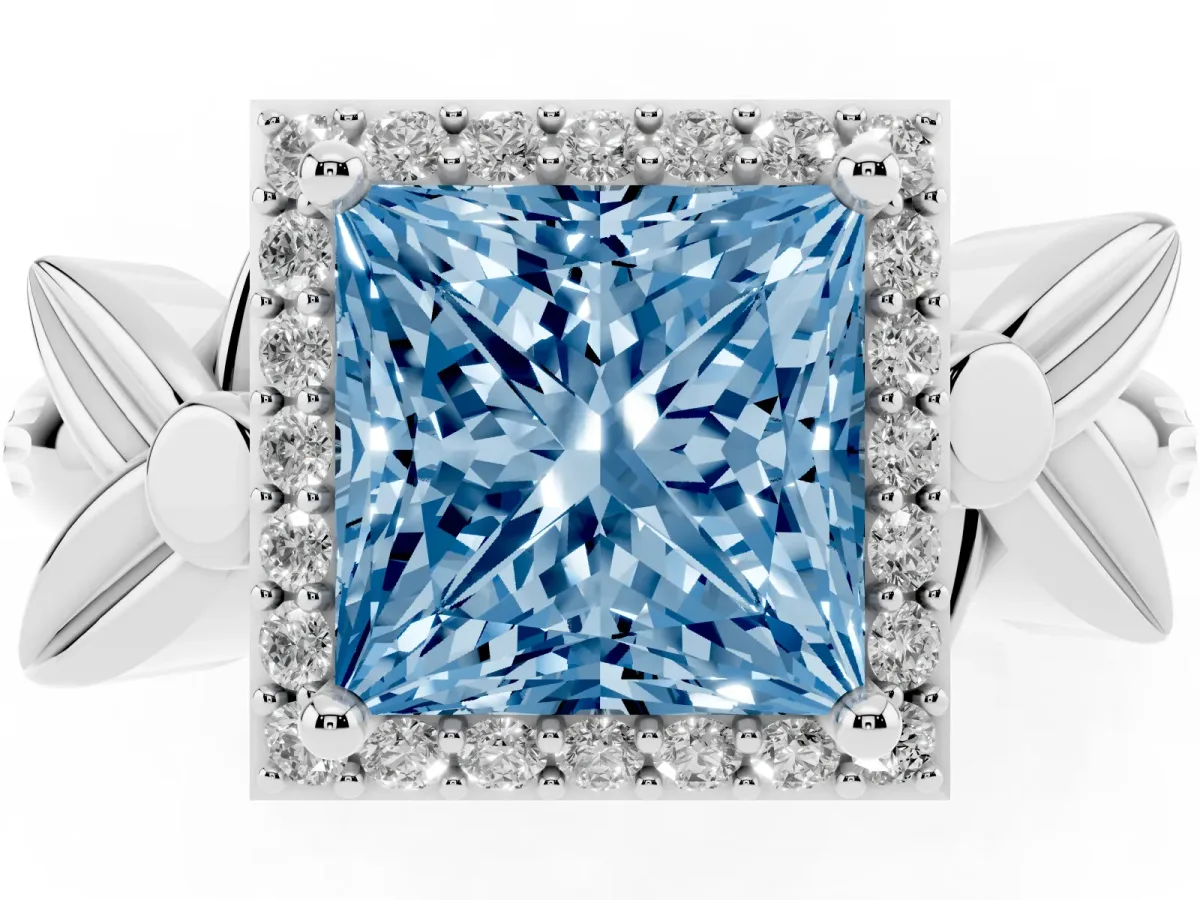 Fancy Blue Princess Cut Halo Diamond Floral Band with Four-Prong Setting Platinum