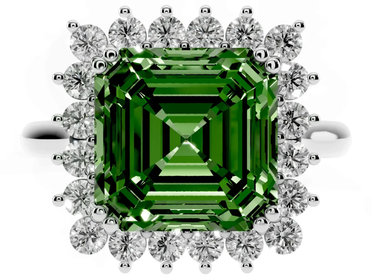 Fancy Green Asscher Cut Cut Diamond Halo Ring with Solitaire Band and Prong Setting Silver
