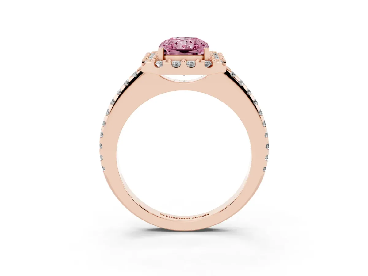 Fancy Pink Radiant Cut Diamond Pavé Halo Ring with Four-Prong Setting Rose gold