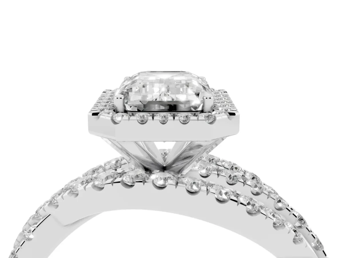 Emerald Cut Diamond Halo Ring with Round Split Shank and Prong Setting Silver