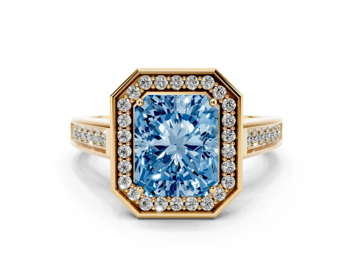 Fancy Blue Emerald Cut Halo Solitaire Diamond Ring with Pave Band and Bezel Setting Yellow gold