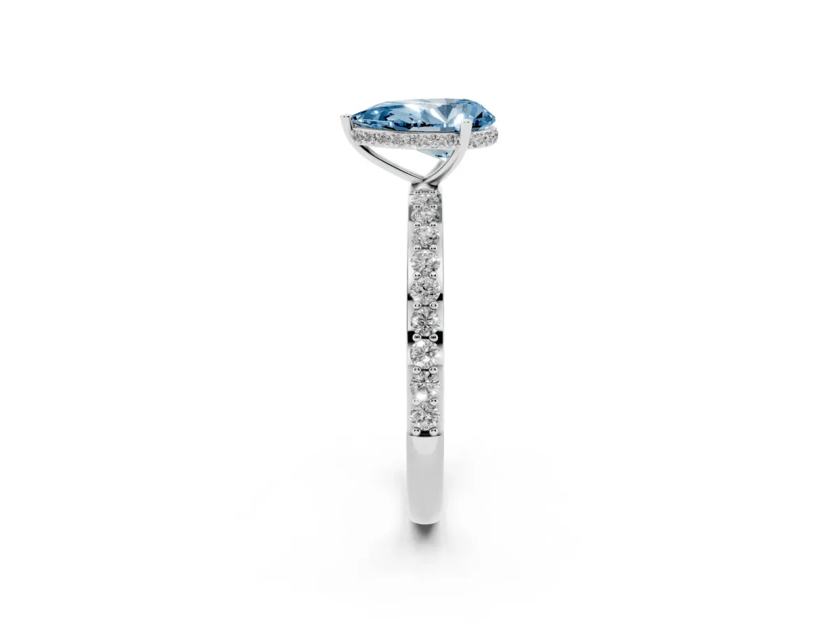 Fancy Blue Pear Cut Diamond Solitaire Ring with Pavé Band and Hidden Halo Silver