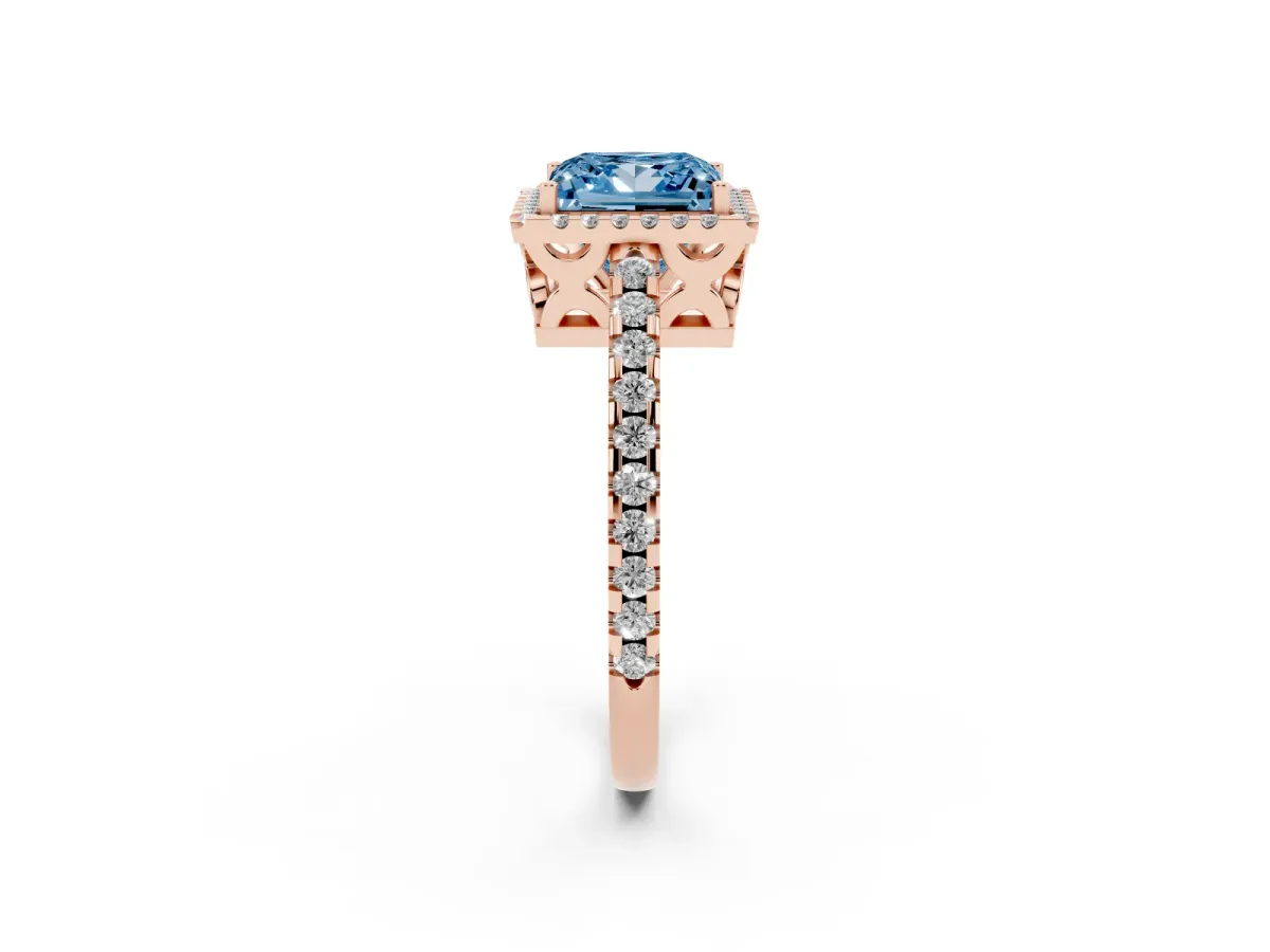 Fancy Blue Princess Cut Diamond Halo Engagement Ring with Pavé Band and Prong Setting Rose gold
