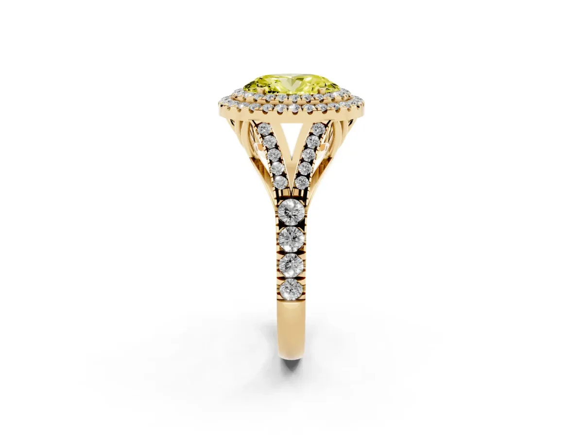 Fancy Yellow Double Halo Oval Cut Diamond Split Shank Engagement Ring with Four-Prong Setting Yellow gold
