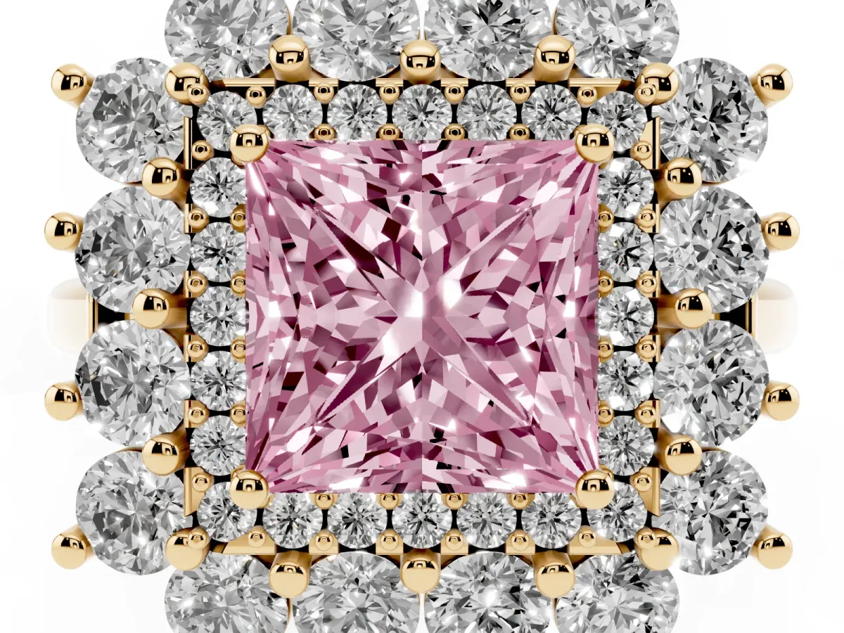 Fancy Pink Princess Cut Diamond Floral Double Halo Engagement Ring with Prong Setting Yellow gold