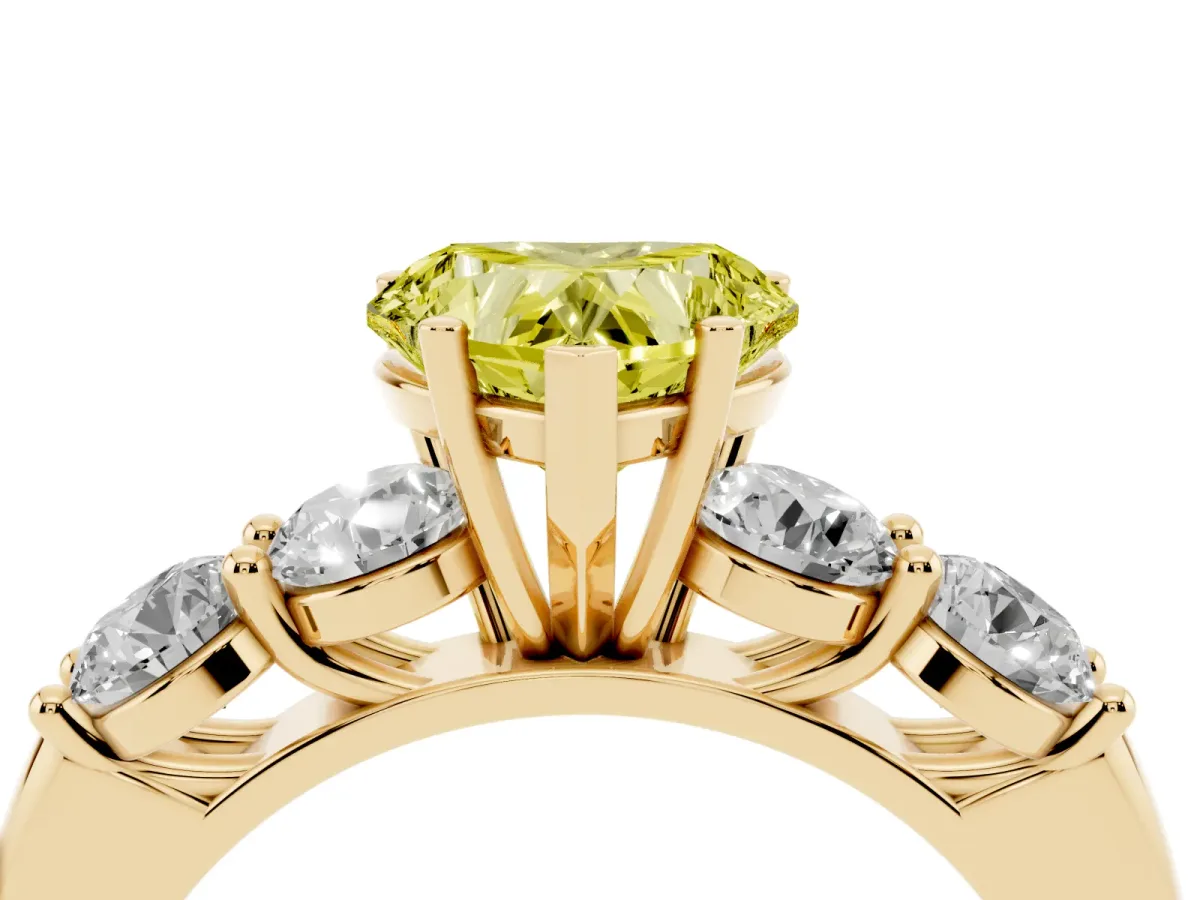 Fancy Yellow Heart Cut Cut Five-Stone Prong Set Diamond Ring with Classic Band Yellow gold