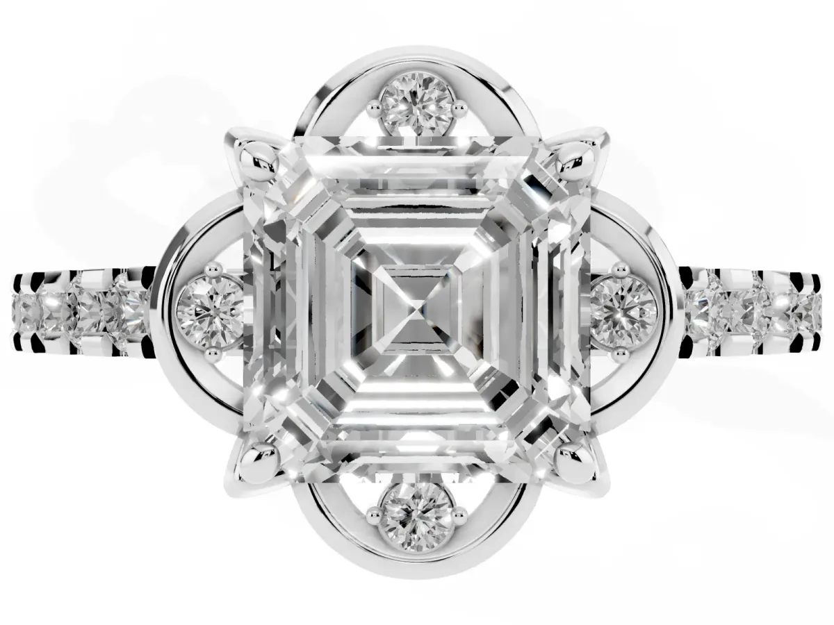Asscher Cut Diamond Ring with Pavé Band and Floral Prong Setting Platinum