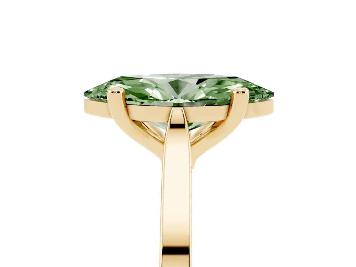 Fancy Green Marquise Cut Solitaire Diamond Ring with Four-Prong Setting and Tapered Band Yellow gold