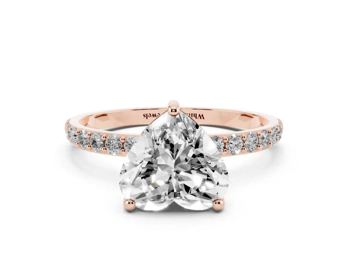 Heart Cut Diamond Solitaire Ring with Round Pavé Band and Prong Setting Rose gold