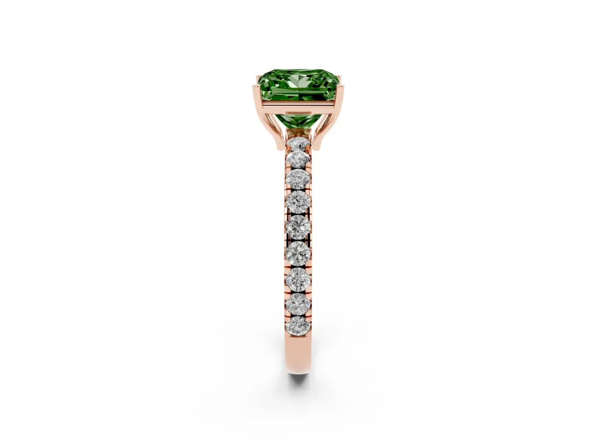Fancy Green Princess Cut Diamond Pavé Solitaire Engagement Ring with Four-Prong Setting Rose gold