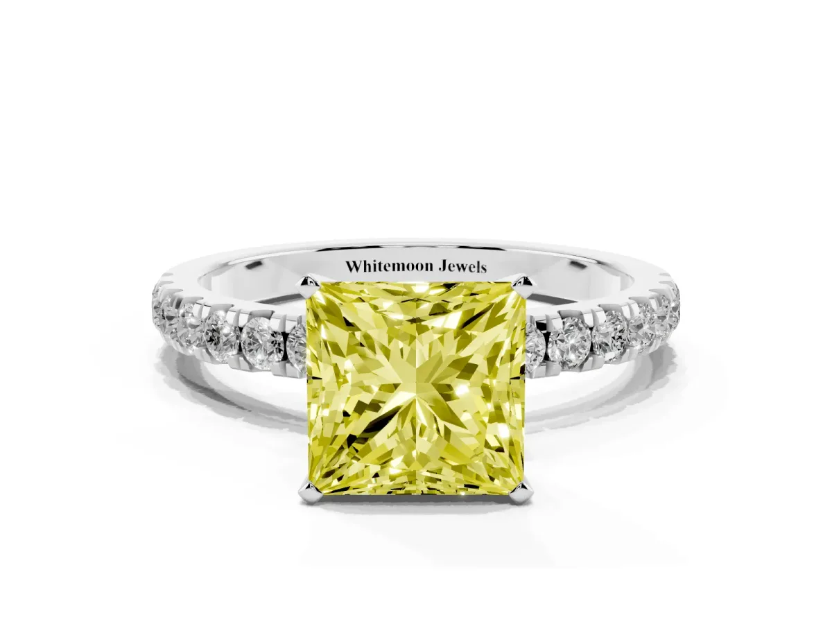 Fancy Yellow Princess Cut Diamond Solitaire Ring with Pavé Accents and Four-Prong Setting Platinum