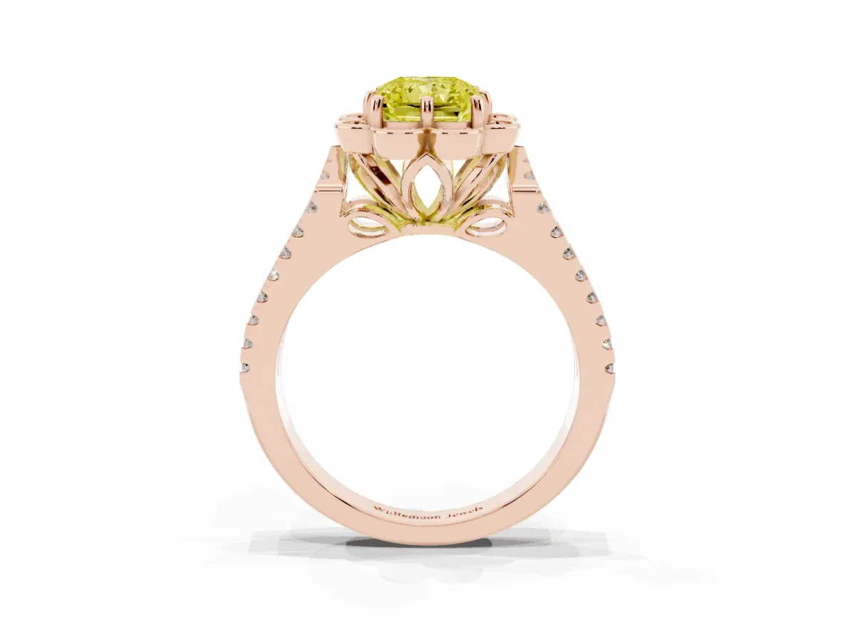 Fancy Yellow Radiant Cut Halo Diamond Floral Split Shank Engagement Ring Rose gold