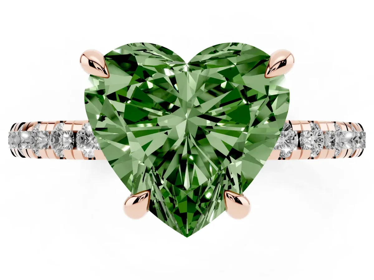 Fancy Green Heart Cut Diamond Brilliant Solitaire Ring with Pavé Band and Four-Prong Setting Rose gold
