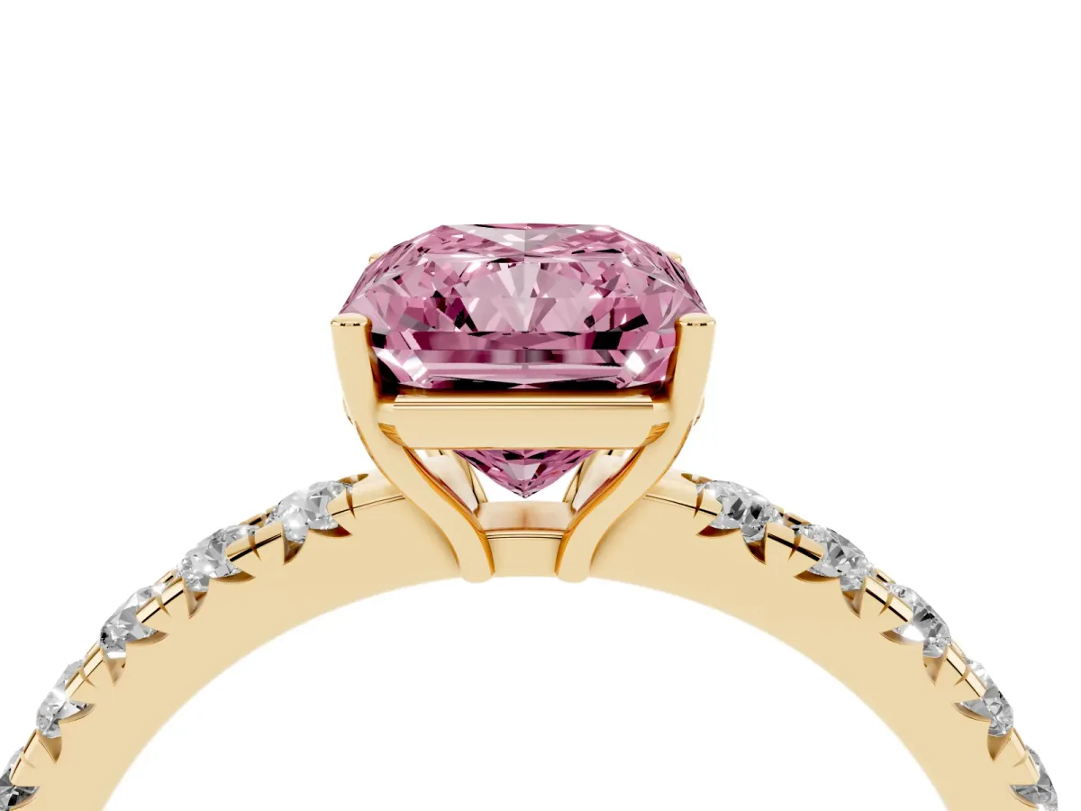 Fancy Pink Radiant Cut Diamond Pavé Solitaire Engagement Ring with Four-Prong Setting Yellow gold